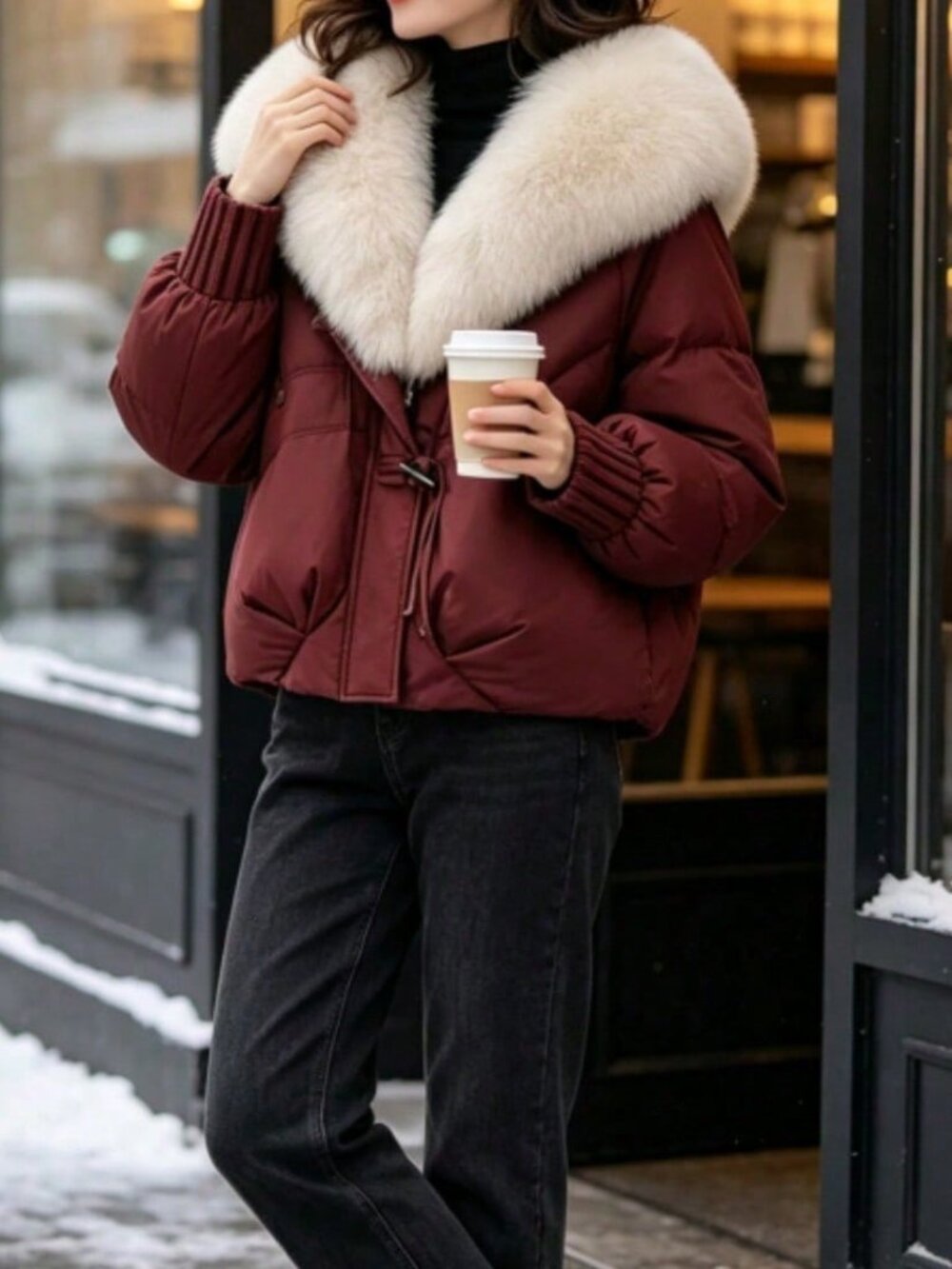 Burgundy Casual Women's Short Loose Thick Cotton-Padded Jacket